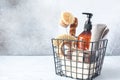 Metal basket with natural cleaning products and tools. Bamboo accessories and natural products for cleaning the kitchen Royalty Free Stock Photo