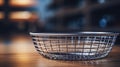 A metal basket sitting on top of a wooden table, AI