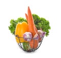 Metal basket with various fresh vegetables on white background Royalty Free Stock Photo