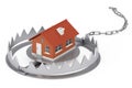 Metal Bear Trap with Cottage House Building. 3d Rendering