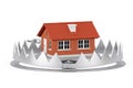 Metal Bear Trap with Cottage House Building. 3d Rendering