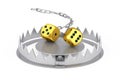 Metal Bear Trap with Gold Gaming Dice. 3d Rendering