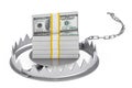 Metal Bear Trap with Stack of Dollar Bills. 3d Rendering