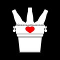 Metal beer bucket full of ice with beer bottles and red heart. White silhouette. For t-shirt and beer glassware design, poster. Royalty Free Stock Photo