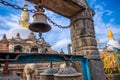 Metal bell hanging infront of a sacred monastery in Kathmandu, Nepal. Buddhist Gompa. Buddhism