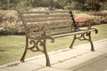 Metal bench in garden.