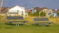 Metal benches against homes in Daybreak Utah Royalty Free Stock Photo