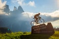 Metal bicyclist statue memory of Giro d`Italia 2009, 2016 on Alp
