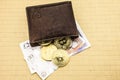 Metal bitcoins in brown leather wallet. Bitcoin - modern virtual. 3D illustration