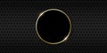 Metal Black Background Perforated by Dots with Gold Ring. Golden Shiny Circle on Dark Metal Meshed Background. Glow Royalty Free Stock Photo