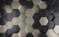 Metal and black metallic material 3d displaced hexagons background. 3d render illustration.