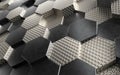 Metal and black metallic material 3d displaced hexagons background. 3d render illustration.