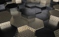 Metal and black metallic material 3d displaced hexagons background. 3d render illustration.