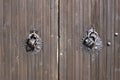 Metal black round handle on wooden doors Royalty Free Stock Photo