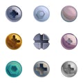 Metal bolt head icon set, cartoon style