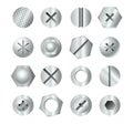 Metal bolt heads. Set of different screw heads types isolated on white background. Industrial top view bolts, screws