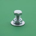 A metal bolt, secured with a hex nut and flat washer, is placed vertically on a green Royalty Free Stock Photo