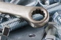 Metal bolts and nuts. Tools for working and fixing. Macrophotography