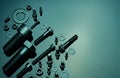 Metal Bolts, nuts, and washers. Fasteners equipment. Hardware tools. Stud bolt, flat washers, hex nuts, and hex head bolts in