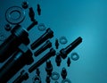 Metal Bolts, nuts, and washers. Fasteners equipment. Hardware tools. Stud bolt, flat washers, hex nuts, and hex head bolts in