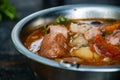 Metal bowl with goulash bogracs closeup