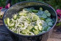 Metal bowl with sliced pickles Royalty Free Stock Photo