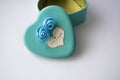 Metal box in the form of heart with the inscription `I Love You` and with roses. Blue color. St. Valentine`s Day.