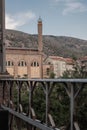 Metal bridge and Bibiheybat Mosque in the background in Baku, Azerbaijan