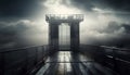 Metal bridge over dark water, ominous sky, vanishing point generated by AI Royalty Free Stock Photo