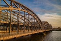 Metal bridge over the Elbe in Hamburg. The sunset time