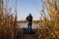 A metal bridge over the reeds. Lake and reeds Royalty Free Stock Photo