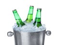 Metal bucket with beer and ice cubes isolated Royalty Free Stock Photo