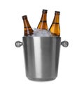 Metal bucket with beer and ice cubes isolated Royalty Free Stock Photo