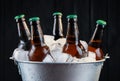 Metal bucket with bottles of beer and ice cubes on dark wooden background, closeup Royalty Free Stock Photo