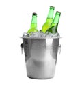 Metal bucket with bottles of beer and ice cubes isolated Royalty Free Stock Photo