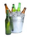 Metal bucket with bottles of beer and ice cubes isolated Royalty Free Stock Photo