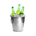 Metal bucket with bottles of beer and ice cubes isolated Royalty Free Stock Photo