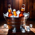 Metal bucket with cold bottles of beer and ice