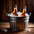 Metal bucket with cold bottles of beer and ice