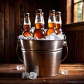 Metal bucket with cold bottles of beer and ice