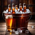 Metal bucket with cold bottles of beer and ice Royalty Free Stock Photo