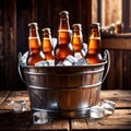 Metal bucket with cold bottles of beer and ice