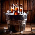 Metal bucket with cold bottles of beer and ice Royalty Free Stock Photo