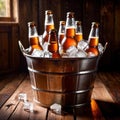 Metal bucket with cold bottles of beer and ice