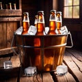 Metal bucket with cold bottles of beer and ice Royalty Free Stock Photo