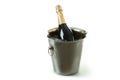 Metal bucket with ice and Champagne bottle isolated on white background Royalty Free Stock Photo