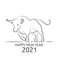 Metal bull symbol of new year 2021. Line logo for greeting cards, posters, banners, Chinese calendars. Black beautiful