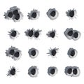 Metal Bullet Holes Set Vector. Realistic Caliber Weapon Holes Punched Through Metal Isolated. Gunshot Cracked Bullets