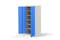 Metal cabinet with shelves for tools. Fireproof shelving for documents. 3D model rendering.