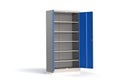 Metal cabinet with shelves for tools. Fireproof shelving for documents. 3D model rendering.